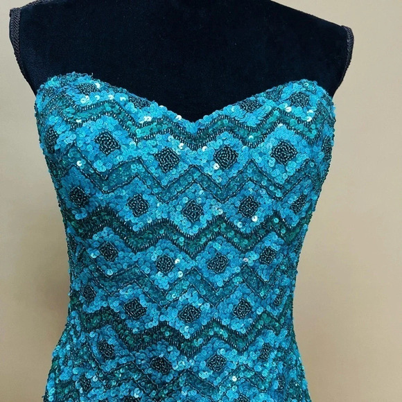 Renaissance Collection Hand Beaded Sequin Strapless Prom Dress Blue Green 6 - Picture 9 of 12